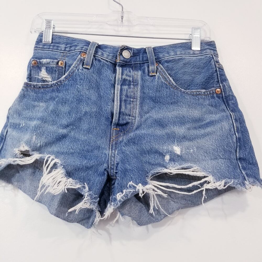Levi's Big E Buttonfly Distressed jeans Short Blue Denim size 25 100% Cotton